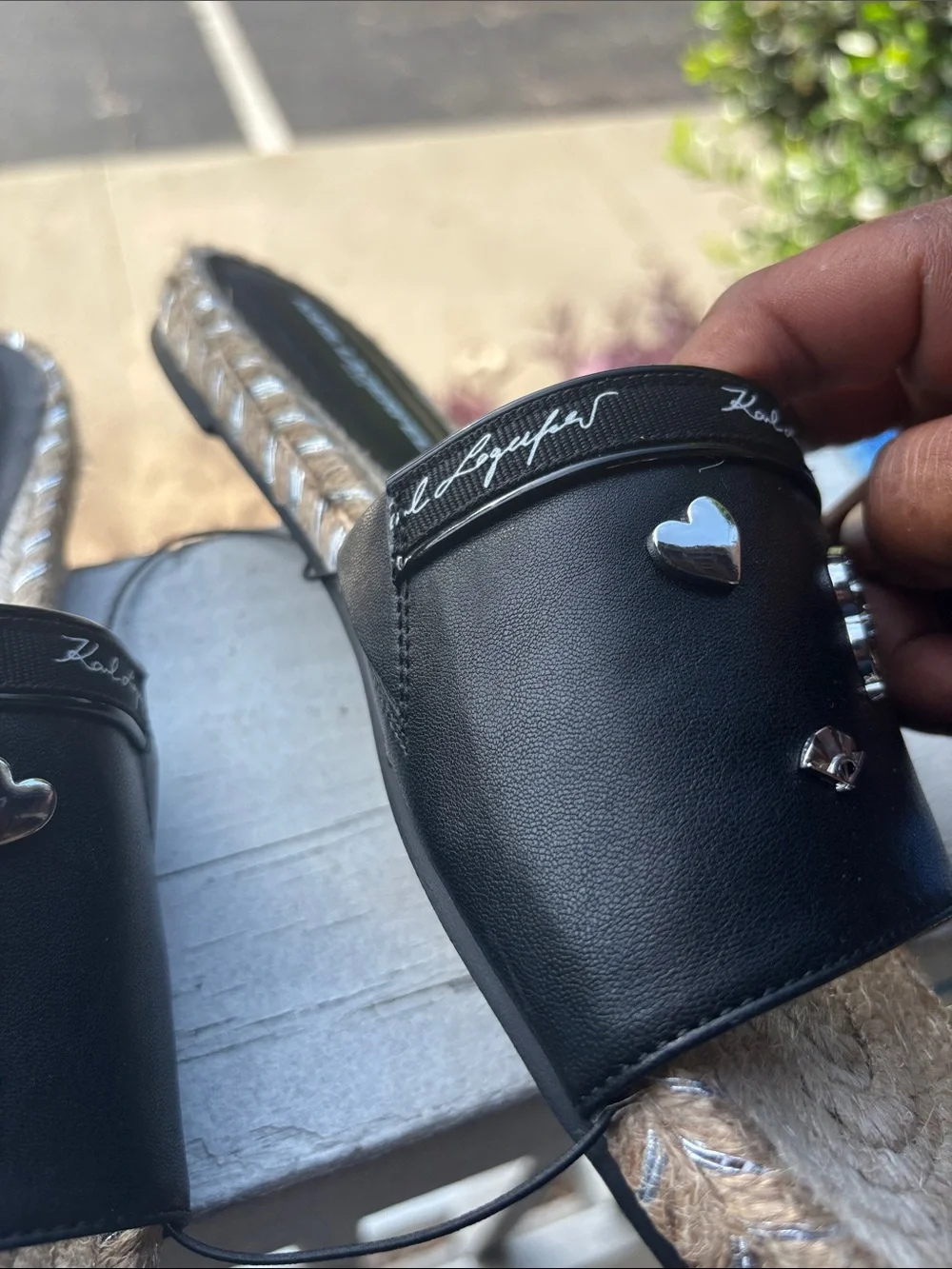Karl Lagerfeld Black and Tan Espadrille Slide Sandals